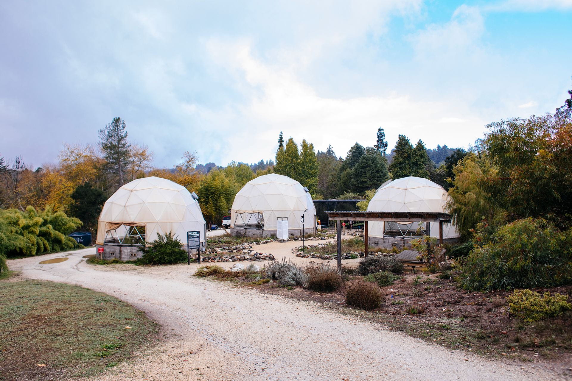 3 geodesic domes that are home to experimental gardens